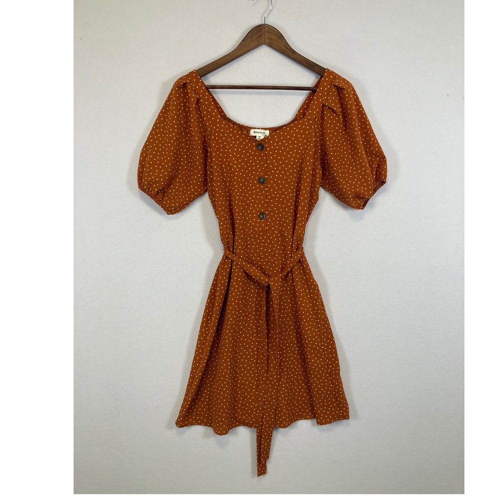Monteau Polka Dot Mini Dress Womens Medium Rust Orange Puff Sleeve Button Front